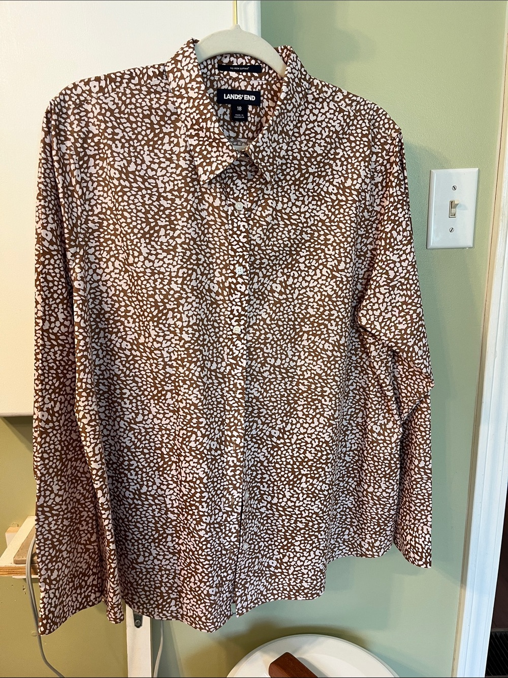 Lands' End Brown and White Dot-Print Button Down Shirt